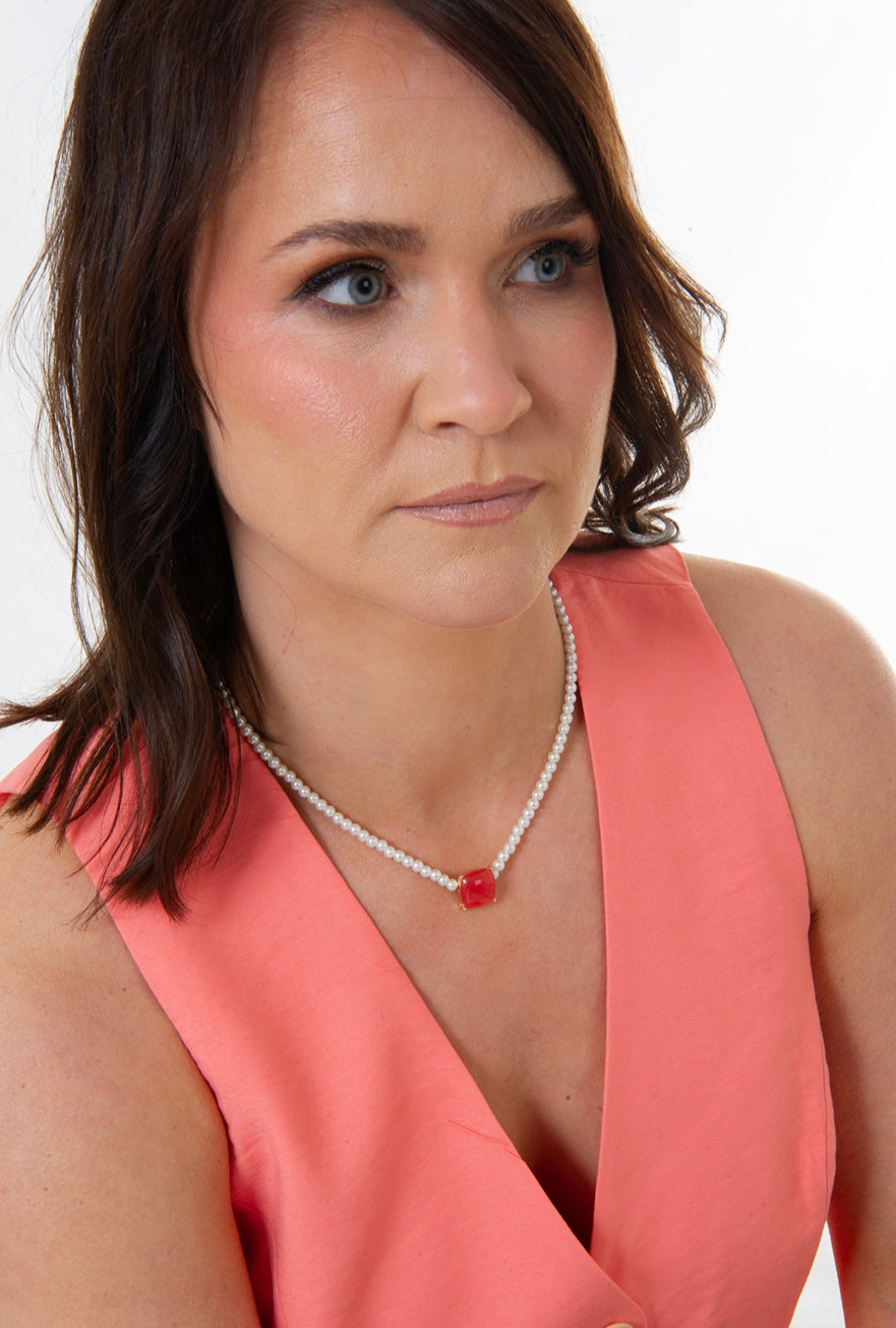 Square Coral and Pearl Necklace