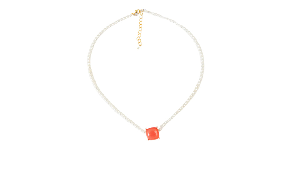 Square Coral and Pearl Necklace